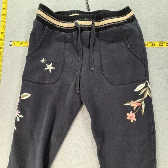 JW Los Angeles Pants Womens XS Black Fleece Jogger Sweatpants Floral Embroidered - Picture 3 of 10